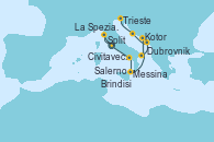 Visitando Civitavecchia (Roma), La Spezia, Florencia y Pisa (Italia), La Spezia, Florencia y Pisa (Italia), Salerno (Italia), Messina (Sicilia), Kotor (Montenegro), Brindisi (Italia), Dubrovnik (Croacia), Split (Croacia), Trieste (Italia)