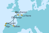 Visitando Southampton (Inglaterra), Le Havre (Francia), Bilbao (España), La Coruña (Galicia/España), Vigo (España), Cherburgo (Francia), Southampton (Inglaterra)