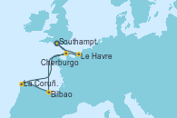 Visitando Southampton (Inglaterra), Cherburgo (Francia), Bilbao (España), La Coruña (Galicia/España), Le Havre (Francia), Southampton (Inglaterra)