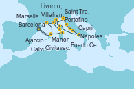 Visitando Barcelona, Puerto Cervo (Cerdeña/Francia), Ajaccio (Córcega), Saint Tropez (Francia), Portofino (Italia), Livorno, Pisa y Florencia (Italia), Civitavecchia (Roma), Nápoles (Italia), Capri (Italia), Capri (Italia), Calvi (Córcega), Villefranche (Niza/Mónaco/Francia), Marsella (Francia), Mahón (Menorca/España), Barcelona Visitando Barcelona, Puerto Cervo (Cerdeña/Francia), Ajaccio (Córcega), Saint Tropez (Francia), Portofino (Italia), Livorno, Pisa y Florencia (Italia), Civitavecchia (Roma), Nápoles (Italia), Capri (Italia), Capri (Italia), Calvi (Córcega), Villefranche (Niza/Mónaco/Francia), Marsella (Francia), Mahón (Menorca/España), Barcelona