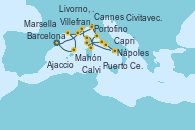 Visitando Barcelona, Cannes (Francia), Portofino (Italia), Livorno, Pisa y Florencia (Italia), Puerto Cervo (Cerdeña/Francia), Ajaccio (Córcega), Civitavecchia (Roma), Nápoles (Italia), Capri (Italia), Capri (Italia), Calvi (Córcega), Villefranche (Niza/Mónaco/Francia), Marsella (Francia), Mahón (Menorca/España), Barcelona Visitando Barcelona, Cannes (Francia), Portofino (Italia), Livorno, Pisa y Florencia (Italia), Puerto Cervo (Cerdeña/Francia), Ajaccio (Córcega), Civitavecchia (Roma), Nápoles (Italia), Capri (Italia), Capri (Italia), Calvi (Córcega), Villefranche (Niza/Mónaco/Francia), Marsella (Francia), Mahón (Menorca/España), Barcelona