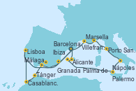 Visitando Barcelona, Marsella (Francia), Villefranche (Niza/Mónaco/Francia), Porto Santo Stefano (Italia), Nápoles (Italia), Palermo (Italia), Ibiza (España), Palma de Mallorca (España), Barcelona, Alicante (España), Lisboa (Portugal), Lisboa (Portugal), Casablanca (Marruecos), Casablanca (Marruecos), Tánger (Marruecos), Málaga, Granada (España), Barcelona