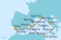 Visitando Barcelona, Cádiz (España), Gibraltar (Inglaterra), Granada (España), Cartagena (Murcia), Saint Tropez (Francia), Montecarlo (Mónaco), Livorno, Pisa y Florencia (Italia), Civitavecchia (Roma), Sorrento (Nápoles/Italia), Palermo (Italia), La Goulette (Tunez), Ibiza (España), Mahón (Menorca/España), Barcelona Visitando Barcelona, Cádiz (España), Gibraltar (Inglaterra), Granada (España), Cartagena (Murcia), Saint Tropez (Francia), Montecarlo (Mónaco), Livorno, Pisa y Florencia (Italia), Civitavecchia (Roma), Sorrento (Nápoles/Italia), Palermo (Italia), La Goulette (Tunez), Ibiza (España), Mahón (Menorca/España), Barcelona