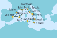Visitando Barcelona, Ibiza (España), Ibiza (España), La Goulette (Tunez), La Valletta (Malta), Messina (Sicilia), Sorrento (Nápoles/Italia), Civitavecchia (Roma), La Spezia, Florencia y Pisa (Italia), Montecarlo (Mónaco), Saint Tropez (Francia), Mahón (Menorca/España), Valencia, Barcelona Visitando Barcelona, Ibiza (España), Ibiza (España), La Goulette (Tunez), La Valletta (Malta), Messina (Sicilia), Sorrento (Nápoles/Italia), Civitavecchia (Roma), La Spezia, Florencia y Pisa (Italia), Montecarlo (Mónaco), Saint Tropez (Francia), Mahón (Menorca/España), Valencia, Barcelona
