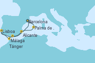 Visitando Barcelona, Palma de Mallorca (España), Málaga, Tánger (Marruecos), Lisboa (Portugal), Lisboa (Portugal), Alicante (España), Barcelona Visitando Barcelona, Palma de Mallorca (España), Málaga, Tánger (Marruecos), Lisboa (Portugal), Lisboa (Portugal), Alicante (España), Barcelona