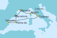 Visitando Barcelona, Marsella (Francia), Ajaccio (Córcega), Livorno, Pisa y Florencia (Italia), Civitavecchia (Roma), Valencia, Palma de Mallorca (España), Barcelona