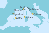 Visitando Barcelona, Mahón (Menorca/España), Alghero (Cerdeña), Saint Tropez (Francia), Cannes (Francia), La Spezia, Florencia y Pisa (Italia), Civitavecchia (Roma)