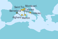 Visitando Barcelona, Mahón (Menorca/España), Alghero (Cerdeña), Cannes (Francia), Saint Tropez (Francia), Civitavecchia (Roma), Montecarlo (Mónaco), Montecarlo (Mónaco), Montecarlo (Mónaco), Montecarlo (Mónaco), Montecarlo (Mónaco), Montecarlo (Mónaco), Civitavecchia (Roma) Visitando Barcelona, Mahón (Menorca/España), Alghero (Cerdeña), Cannes (Francia), Saint Tropez (Francia), Civitavecchia (Roma), Montecarlo (Mónaco), Montecarlo (Mónaco), Montecarlo (Mónaco), Montecarlo (Mónaco), Montecarlo (Mónaco), Montecarlo (Mónaco), Civitavecchia (Roma)