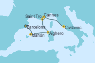 Visitando Barcelona, Mahón (Menorca/España), Alghero (Cerdeña), Cannes (Francia), Saint Tropez (Francia), Civitavecchia (Roma)