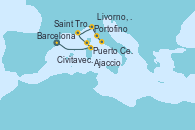 Visitando Barcelona, Puerto Cervo (Cerdeña/Francia), Ajaccio (Córcega), Saint Tropez (Francia), Portofino (Italia), Livorno, Pisa y Florencia (Italia), Civitavecchia (Roma)