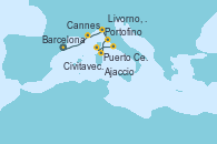 Visitando Barcelona, Cannes (Francia), Portofino (Italia), Livorno, Pisa y Florencia (Italia), Puerto Cervo (Cerdeña/Francia), Ajaccio (Córcega), Civitavecchia (Roma)