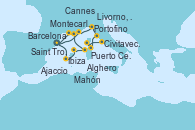 Visitando Barcelona, Ibiza (España), Mahón (Menorca/España), Alghero (Cerdeña), Saint Tropez (Francia), Montecarlo (Mónaco), Barcelona, Cannes (Francia), Portofino (Italia), Livorno, Pisa y Florencia (Italia), Puerto Cervo (Cerdeña/Francia), Ajaccio (Córcega), Civitavecchia (Roma) Visitando Barcelona, Ibiza (España), Mahón (Menorca/España), Alghero (Cerdeña), Saint Tropez (Francia), Montecarlo (Mónaco), Barcelona, Cannes (Francia), Portofino (Italia), Livorno, Pisa y Florencia (Italia), Puerto Cervo (Cerdeña/Francia), Ajaccio (Córcega), Civitavecchia (Roma)