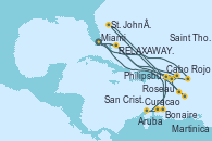 Visitando Miami (Florida/EEUU), Philipsburg (St. Maarten), St. John´s (Antigua y Barbuda), Martinica (Antillas), Roseau (Dominica), San Cristóbal y Nieves, Saint Thomas (Islas Vírgenes), RELAXAWAY HALF MOON CAY, Miami (Florida/EEUU), Bonaire (Países Bajos), Curacao (Antillas), Aruba (Antillas), Cabo Rojo, RELAXAWAY HALF MOON CAY, Miami (Florida/EEUU)