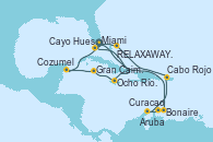 Visitando Miami (Florida/EEUU), Bonaire (Países Bajos), Curacao (Antillas), Aruba (Antillas), Cabo Rojo, RELAXAWAY HALF MOON CAY, Miami (Florida/EEUU), Cayo Hueso (Key West/Florida), Ocho Ríos (Jamaica), Gran Caimán (Islas Caimán), Cozumel (México), Miami (Florida/EEUU)