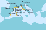 Visitando Barcelona, Alicante (España), Ibiza (España), Palma de Mallorca (España), Sete (Francia), Toulon (Francia), Saint Tropez (Francia), Montecarlo (Mónaco), Portofino (Italia), Livorno, Pisa y Florencia (Italia), Civitavecchia (Roma)