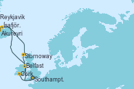 Visitando Southampton (Inglaterra), Belfast (Irlanda), Akureyri (Islandia), Ísafjörður (Islandia), Reykjavik (Islandia), Reykjavik (Islandia), Stornoway (Isla de Lewis/Escocia), Cork (Irlanda), Southampton (Inglaterra) Visitando Southampton (Inglaterra), Belfast (Irlanda), Akureyri (Islandia), Ísafjörður (Islandia), Reykjavik (Islandia), Reykjavik (Islandia), Stornoway (Isla de Lewis/Escocia), Cork (Irlanda), Southampton (Inglaterra)