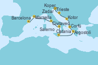 Visitando Trieste (Italia), Koper (Eslovenia), Zadar (Croacia), Kotor (Montenegro), Corfú (Grecia), Argostoli (Grecia), Catania (Sicilia), Salerno (Italia), Civitavecchia (Roma), Marsella (Francia), Barcelona