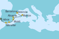 Visitando Lisboa (Portugal), Gibraltar (Inglaterra), Motril (Granada/Andalucía), Alicante (España), Valencia, Mahón (Menorca/España), Barcelona Visitando Lisboa (Portugal), Gibraltar (Inglaterra), Motril (Granada/Andalucía), Alicante (España), Valencia, Mahón (Menorca/España), Barcelona