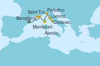 Visitando Barcelona, Saint Tropez (Francia), Montecarlo (Mónaco), Ajaccio (Córcega), Portofino (Italia), Livorno, Pisa y Florencia (Italia), Civitavecchia (Roma) Visitando Barcelona, Saint Tropez (Francia), Montecarlo (Mónaco), Ajaccio (Córcega), Portofino (Italia), Livorno, Pisa y Florencia (Italia), Civitavecchia (Roma)