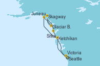 Visitando Seattle (Washington/EEUU), Ketchikan (Alaska), Juneau (Alaska), Glaciar Bay (Alaska), Skagway (Alaska), Sitka (Alaska), Victoria (Canadá), Seattle (Washington/EEUU)