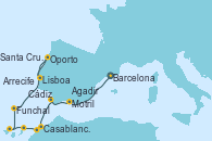 Visitando Barcelona, Motril (Granada/Andalucía), Cádiz (España), Casablanca (Marruecos), Agadir (Marruecos), Arrecife (Lanzarote/España), Santa Cruz de Tenerife (España), Funchal (Madeira), Oporto (Portugal), Lisboa (Portugal) Visitando Barcelona, Motril (Granada/Andalucía), Cádiz (España), Casablanca (Marruecos), Agadir (Marruecos), Arrecife (Lanzarote/España), Santa Cruz de Tenerife (España), Funchal (Madeira), Oporto (Portugal), Lisboa (Portugal)