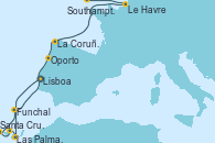 Visitando Lisboa (Portugal), Las Palmas de Gran Canaria (España), Santa Cruz de Tenerife (España), Santa Cruz de la Palma (España), Funchal (Madeira), Oporto (Portugal), La Coruña (Galicia/España), Le Havre (Francia), Southampton (Inglaterra) Visitando Lisboa (Portugal), Las Palmas de Gran Canaria (España), Santa Cruz de Tenerife (España), Santa Cruz de la Palma (España), Funchal (Madeira), Oporto (Portugal), La Coruña (Galicia/España), Le Havre (Francia), Southampton (Inglaterra)