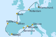 Visitando Warnemunde (Alemania), Rotterdam (Holanda), Brest (Francia), Bilbao (España), Puerto Leixões (Portugal), Málaga, Marsella (Francia), Génova (Italia), Marsella (Francia), Barcelona