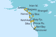 Visitando Vancouver (Canadá), Ketchikan (Alaska), Sitka (Alaska), Inian Islands (Alaska/Usa), Icy Strait Point (Alaska), Haines (Alaska), Juneau (Alaska), Skagway (Alaska), Wrangell (Alaska), Misty Fjords (CRUCERO), Prince Rupert (Canadá), Alert Bay (Canada), Vancouver (Canadá)