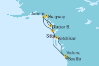 Visitando Seattle (Washington/EEUU), Sitka (Alaska), Juneau (Alaska), Glaciar Bay (Alaska), Skagway (Alaska), Ketchikan (Alaska), Victoria (Canadá), Seattle (Washington/EEUU)