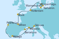 Visitando Copenhague (Dinamarca), Karlskrona (Suecia), Warnemunde (Alemania), Rotterdam (Holanda), Brest (Francia), Bilbao (España), Puerto Leixões (Portugal), Málaga, Marsella (Francia), Génova (Italia), Marsella (Francia), Barcelona