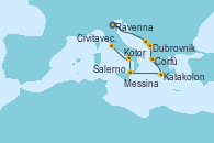 Visitando Ravenna (Italia), Dubrovnik (Croacia), Kotor (Montenegro), Corfú (Grecia), Katakolon (Olimpia/Grecia), Messina (Sicilia), Salerno (Italia), Civitavecchia (Roma)