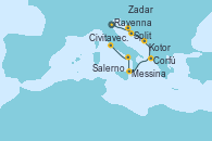 Visitando Ravenna (Italia), Split (Croacia), Zadar (Croacia), Kotor (Montenegro), Corfú (Grecia), Messina (Sicilia), Salerno (Italia), Civitavecchia (Roma)