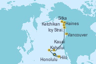 Visitando Honolulu (Hawái), Honolulu (Hawái), Hilo (Hawai), Kahului (Hawai/EEUU), Kauai (Hawai), Kauai (Hawai), Icy Strait Point (Alaska), Haines (Alaska), Sitka (Alaska), Ketchikan (Alaska), Vancouver (Canadá)