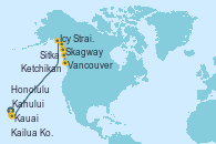 Visitando Honolulu (Hawái), Honolulu (Hawái), Kailua Kona (Hawai/EEUU), Kauai (Hawai), Kauai (Hawai), Kahului (Hawai/EEUU), Icy Strait Point (Alaska), Skagway (Alaska), Sitka (Alaska), Ketchikan (Alaska), Vancouver (Canadá)