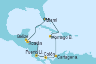 Visitando Miami (Florida/EEUU), Montego Bay (Jamaica), Cartagena de Indias (Colombia), Colón (Panamá), Puerto Limón (Costa Rica), Roatán (Honduras), Belize (Caribe), Miami (Florida/EEUU)