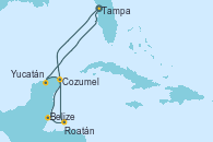 Visitando Tampa (Florida), Belize (Caribe), Roatán (Honduras), Cozumel (México), Yucatán (Progreso/México), Tampa (Florida)