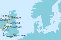 Visitando Londres (Reino Unido), Liverpool (Reino Unido), Glasgow (Escocia), Glasgow (Escocia), Belfast (Irlanda), Dublin (Irlanda), Holyhead (Gales/Reino Unido), Cork (Irlanda), Londres (Reino Unido)