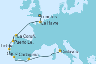 Visitando Londres (Reino Unido), Le Havre (Francia), La Coruña (Galicia/España), Puerto Leixões (Portugal), Lisboa (Portugal), Cádiz (España), Cartagena (Murcia), Civitavecchia (Roma)