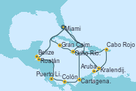 Visitando Miami (Florida/EEUU), Ocho Ríos (Jamaica), Cartagena de Indias (Colombia), Colón (Panamá), Puerto Limón (Costa Rica), Roatán (Honduras), Belize (Caribe), Miami (Florida/EEUU), Kralendijk (Antillas), Aruba (Antillas), Cabo Rojo, Ocho Ríos (Jamaica), Gran Caimán (Islas Caimán), Miami (Florida/EEUU)
