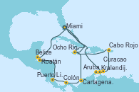 Visitando Miami (Florida/EEUU), Ocho Ríos (Jamaica), Cartagena de Indias (Colombia), Colón (Panamá), Puerto Limón (Costa Rica), Roatán (Honduras), Belize (Caribe), Miami (Florida/EEUU), Kralendijk (Antillas), Aruba (Antillas), Curacao (Antillas), Cabo Rojo, Ocho Ríos (Jamaica), Miami (Florida/EEUU)