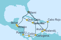 Visitando Miami (Florida/EEUU), Kralendijk (Antillas), Aruba (Antillas), Cabo Rojo, Ocho Ríos (Jamaica), Gran Caimán (Islas Caimán), Miami (Florida/EEUU), Ocho Ríos (Jamaica), Cartagena de Indias (Colombia), Colón (Panamá), Puerto Limón (Costa Rica), Roatán (Honduras), Belize (Caribe), Miami (Florida/EEUU)