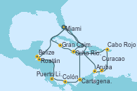 Visitando Miami (Florida/EEUU), Ocho Ríos (Jamaica), Cartagena de Indias (Colombia), Colón (Panamá), Puerto Limón (Costa Rica), Roatán (Honduras), Belize (Caribe), Miami (Florida/EEUU), Aruba (Antillas), Curacao (Antillas), Cabo Rojo, Ocho Ríos (Jamaica), Gran Caimán (Islas Caimán), Miami (Florida/EEUU)
