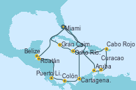 Visitando Miami (Florida/EEUU), Aruba (Antillas), Curacao (Antillas), Cabo Rojo, Ocho Ríos (Jamaica), Gran Caimán (Islas Caimán), Miami (Florida/EEUU), Ocho Ríos (Jamaica), Cartagena de Indias (Colombia), Colón (Panamá), Puerto Limón (Costa Rica), Roatán (Honduras), Belize (Caribe), Miami (Florida/EEUU)