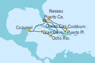 Visitando Puerto Cañaveral (Florida), Ocean Cay MSC Marine Reserve (Bahamas), Nassau (Bahamas), Puerto Plata, Republica Dominicana, Cockburn Town (Islas turcas y Caicos), Puerto Cañaveral (Florida), Ocean Cay MSC Marine Reserve (Bahamas), Ocho Ríos (Jamaica), Gran Caimán (Islas Caimán), Cozumel (México), Puerto Cañaveral (Florida)