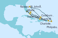 Visitando Miami (Florida/EEUU), Puerto Plata, Republica Dominicana, Charlotte Amalie (St. Thomas), St. John´s (Antigua y Barbuda), Philipsburg (St. Maarten), Miami (Florida/EEUU), Ocean Cay MSC Marine Reserve (Bahamas), Cockburn Town (Islas turcas y Caicos), Puerto Plata, Republica Dominicana, Nassau (Bahamas), Miami (Florida/EEUU)