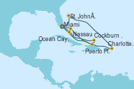 Visitando Miami (Florida/EEUU), Ocean Cay MSC Marine Reserve (Bahamas), Cockburn Town (Islas turcas y Caicos), Puerto Plata, Republica Dominicana, Nassau (Bahamas), Miami (Florida/EEUU), St. John´s (Antigua y Barbuda), Charlotte Amalie (St. Thomas), Puerto Plata, Republica Dominicana, Miami (Florida/EEUU)