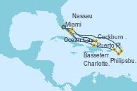 Visitando Miami (Florida/EEUU), Philipsburg (St. Maarten), Basseterre (Antillas), Charlotte Amalie (St. Thomas), Puerto Plata, Republica Dominicana, Miami (Florida/EEUU), Ocean Cay MSC Marine Reserve (Bahamas), Cockburn Town (Islas turcas y Caicos), Nassau (Bahamas), Miami (Florida/EEUU)