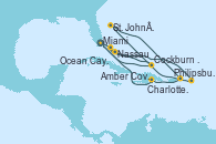 Visitando Miami (Florida/EEUU), Philipsburg (St. Maarten), St. John´s (Antigua y Barbuda), Charlotte Amalie (St. Thomas), Amber Cove (República Dominicana), Miami (Florida/EEUU), Nassau (Bahamas), Ocean Cay MSC Marine Reserve (Bahamas), Cockburn Town (Islas turcas y Caicos), Miami (Florida/EEUU)