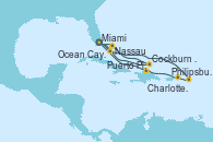 Visitando Miami (Florida/EEUU), Philipsburg (St. Maarten), Charlotte Amalie (St. Thomas), Puerto Plata, Republica Dominicana, Miami (Florida/EEUU), Ocean Cay MSC Marine Reserve (Bahamas), Cockburn Town (Islas turcas y Caicos), Nassau (Bahamas), Miami (Florida/EEUU)
