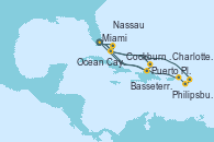 Visitando Miami (Florida/EEUU), Philipsburg (St. Maarten), Basseterre (Antillas), Charlotte Amalie (St. Thomas), Puerto Plata, Republica Dominicana, Miami (Florida/EEUU), Cockburn Town (Islas turcas y Caicos), Puerto Plata, Republica Dominicana, Ocean Cay MSC Marine Reserve (Bahamas), Nassau (Bahamas), Miami (Florida/EEUU)
